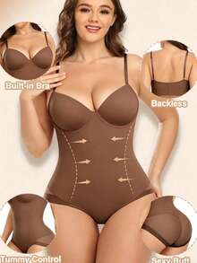 1 pieza Shapewear para mujer, Corsé para mujer, Bustier ajustado con copas de sujetador, Diseño de 3 hileras de ganchos, Malla sexy y de moda, Acentúa las curvas del Body, Adelgaza la cintura, Realza el trasero, Soporte de cintura, Moldeado del busto, Se puede usar como prenda exterior, Shapewear multifuncional, Lencería moldeadora cómoda, Tela elástica y ligera, Mantiene la figura femenina - Café integral - Ver 6
