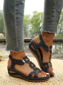 Women's Soft Bottom Thick-Soled Rivet Hollow Out Sandals, Plaid Glitter Elegant Party Vacation Avant-Garde Fashion Bohemian Casual Cute Wedding Sexy Nightclub Style Hollow Rivet Inlaid Women's Wedge Thick Bottom Sandals, Outdoor Party Office Wedding Festival Vacation Summer - Navy Blue - View 4