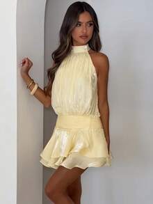 Women's Pleated Waist Sheer Mesh Ruffle Mini Dress Summer Casual Halter Neck High Neck Bodycon Short Dress Self-Tie Backless Sundress Party Clubwear - F194474-yellow - 查看 6