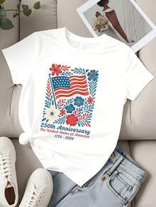 Women T Shirt 250th Anniversary United States Of America 1776 2026 Flag Floral Design Patriotic Celebration Graphic Tee - trắng - Xem 2