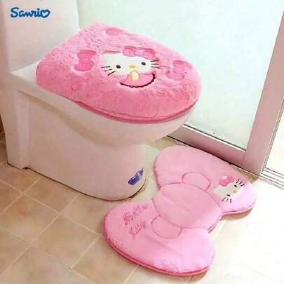  1 Set Sanrio Hello Kitty Bathroom Anti-Slip Mat, Toilet Seat Cover, Cute Cartoon Toilet Seat Cover - Adorable Bathroom Accessories