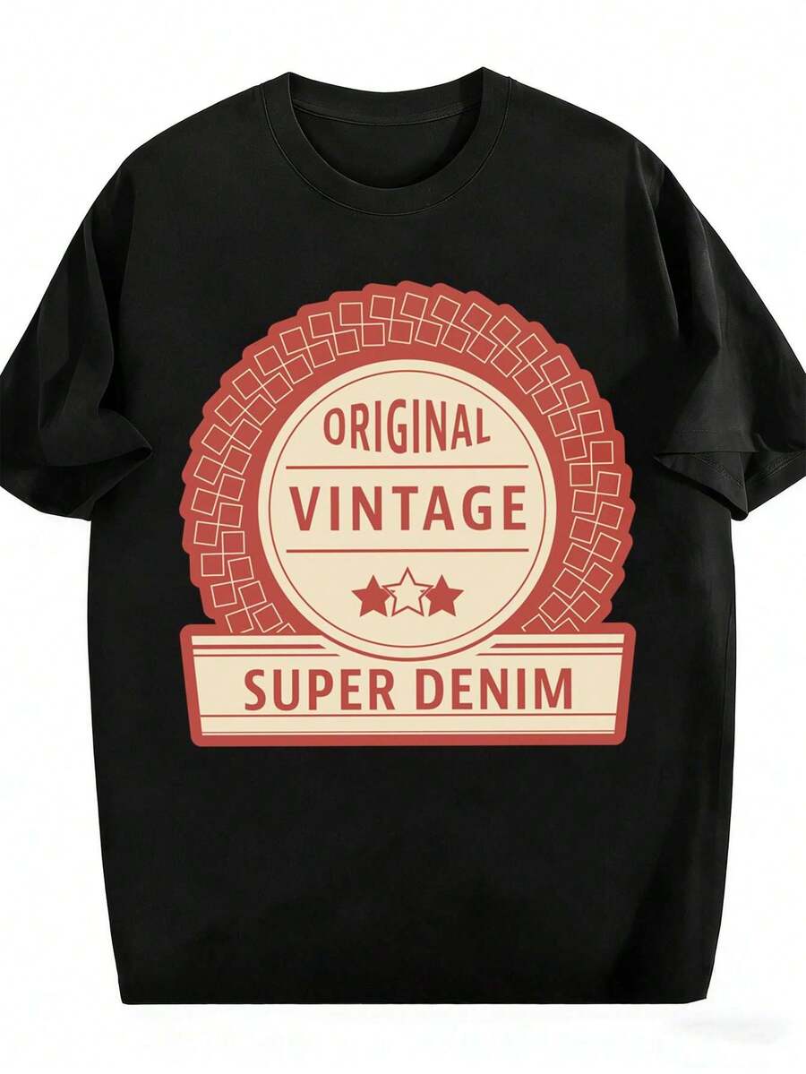 T-shirt grafica vintage Super Denim da uomo, in morbido cotone, vestibilità comoda, traspirante, stile street hip-hop, stampa di ten denza - nero - Visualizzare 1