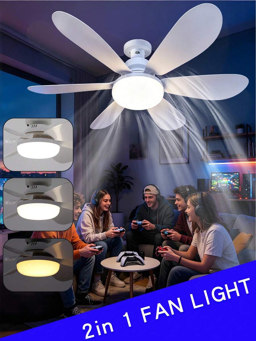 6叶3速定时40W LED吊扇，带灯和遥控器，6叶可调光E27 LED吊扇灯，适用于卧室和客厅