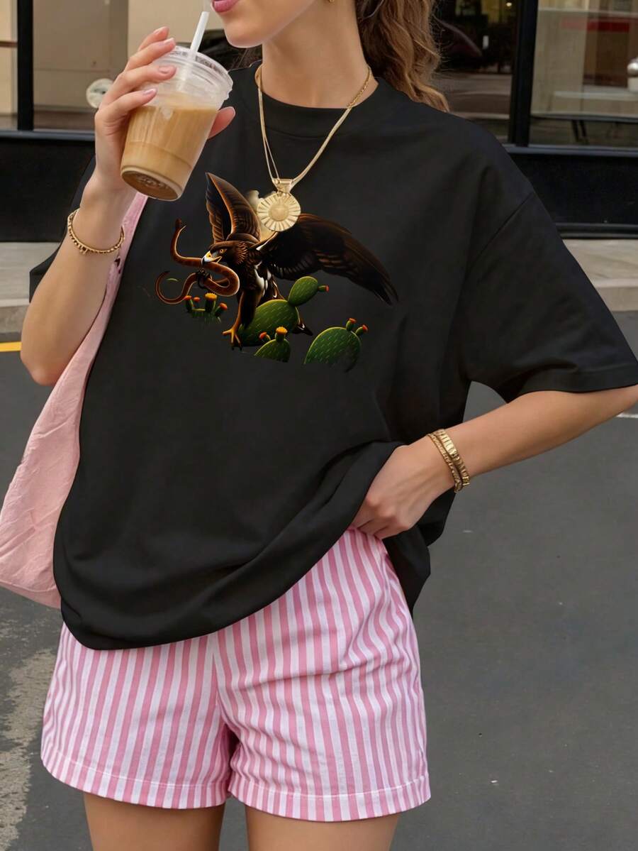 Camiseta negra con estampado de águila y cactus para mujer estilo casual verano - Negro - Ver 1