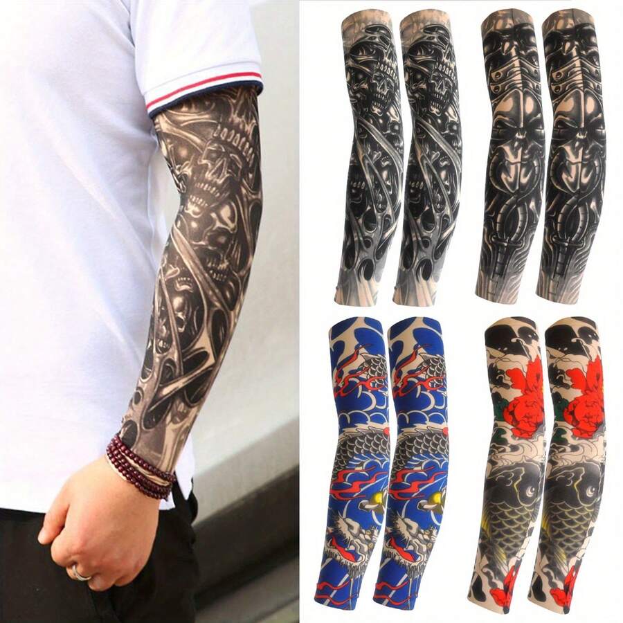 2026 New 4PC Summer Personalized Combination Floral Arm Tattoo Sleeves Seamless Outdoor Cycling Sleeves Cycling Tattoo Sleeves