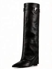 2026 New Knee High Boots For Women With Pointed Thick Heels Solid Color Patterns Comfortable Fashionable Autumn Winter Nightclub Party Combat Boots - 黑色 - 查看 4