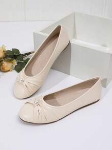 Ballet Shoes, Round Toe Pearl Bow Tie Wrinkle Design, Versatile Low-Top Soft Bottom Comfortable Lightweight Low Heel Slip-On Shoes, Suitable For Work, Travel, Vacation, Party, Dress Matching, Beige Loafers - Beige - View 2