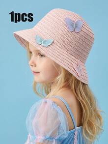1pc Rainbow Butterfly Pink Straw Sun Hat For Little Girls, Summer Breathable Beach/Outdoor Vacation Hat, Fits Kids Ages 3-8 - 1PC - View 2
