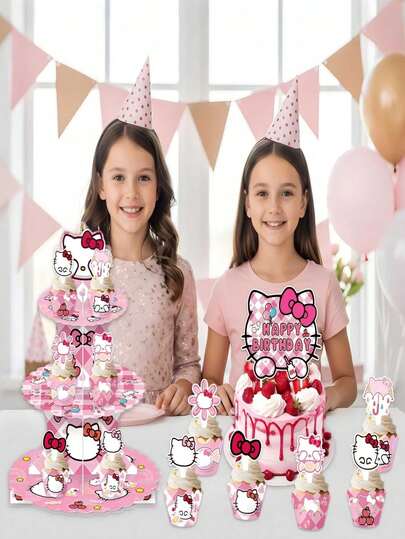 SANRIO 卡通猫咪生日派对装饰，猫咪主题三层纸杯蛋糕架，装饰纸和1个蛋糕装饰，猫咪派对装饰，非常适合生日、婴儿派对或任何需要甜蜜和时尚的庆祝活动。