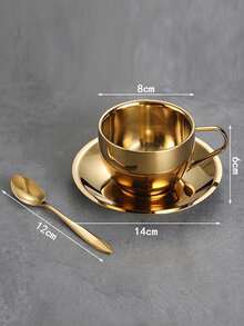 304 Stainless Steel Double-Wall Coffee Cup Set, Insulated Latte Cup And Saucer Set, European Minimalist Ins Style Water Cup - Gold - View 6