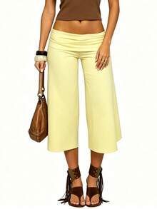 Women Fold Over Lounge Capris Casual Loose Fit Wide Leg Low Rise Cropped Flowy Gaucho Pants Comfy Yoga Coluttes Pajama Bottom - Light Yellow - View 6
