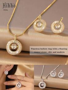 Hihho 3pcs/Set Elegant Floating Stone Dynamic Hoop Necklace & Earrings Set, Sparkling Zirconia Versatile Accessory Suitable For Work, Birthday & Holiday Gift For Girlfriend - Jewelry Set - View 5