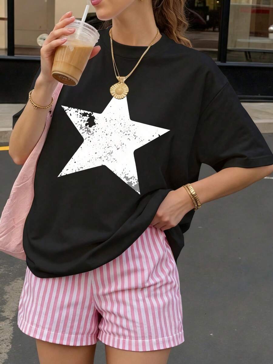 Camiseta negra con estrella blanca para mujer estilo casual verano - Negro - Ver 1