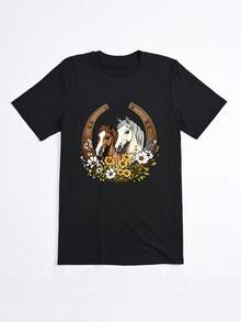 Camiseta negra con estampado de caballos y flores en herradura para mujer estilo casual - Negro - Ver 2