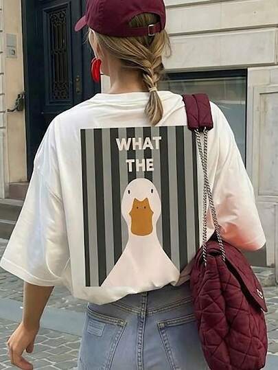 轻盈舒适柔软的短袖T恤，修身剪裁，街头风十足，Pinterest“What The”鸭子图案印花白色夏季上衣