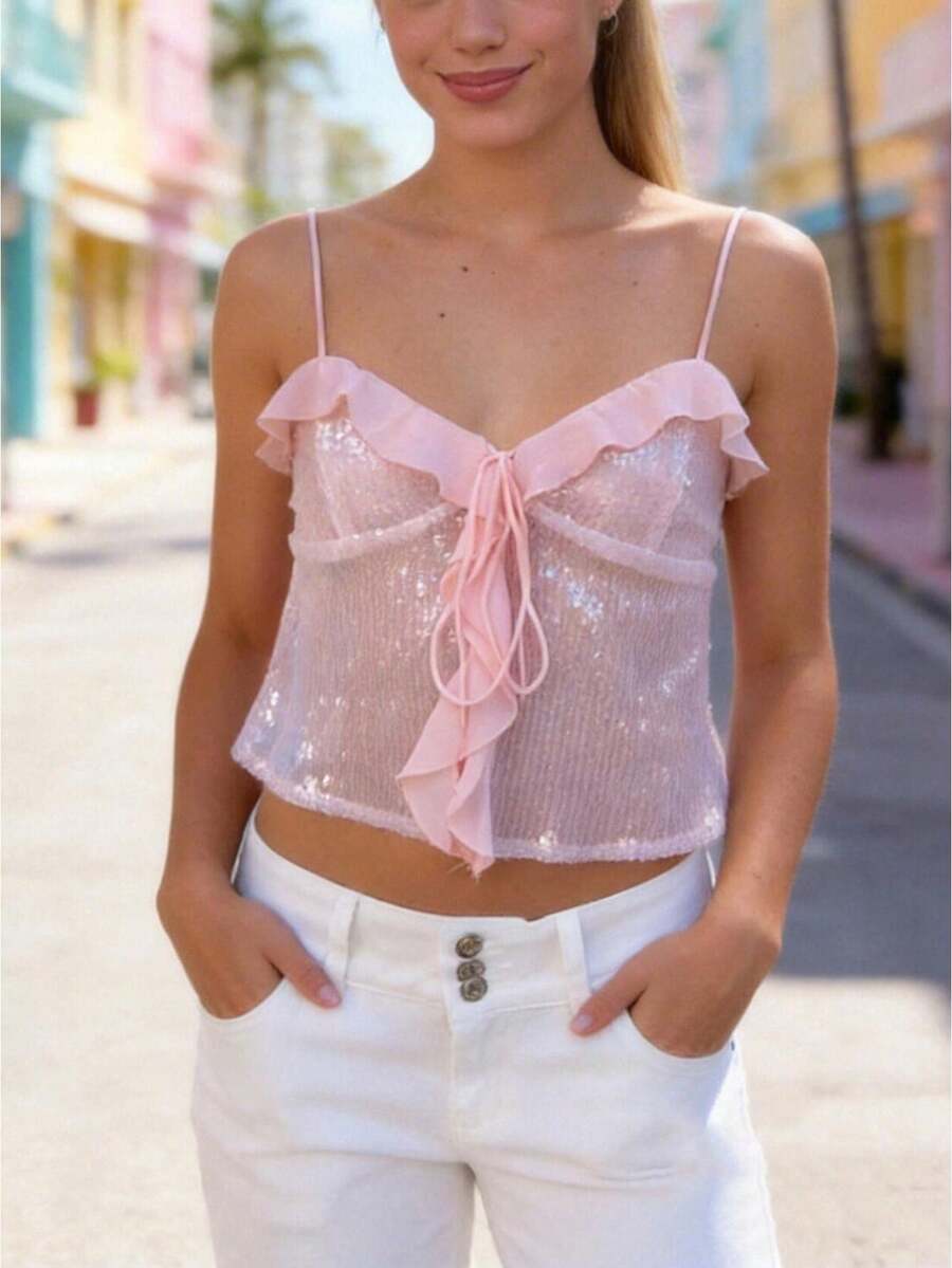 Women's Sleeveless Camisole Stylish Sequin V Neck Slim Sheer Spaghetti Strap Tank Tops - Rosa - Ver 1