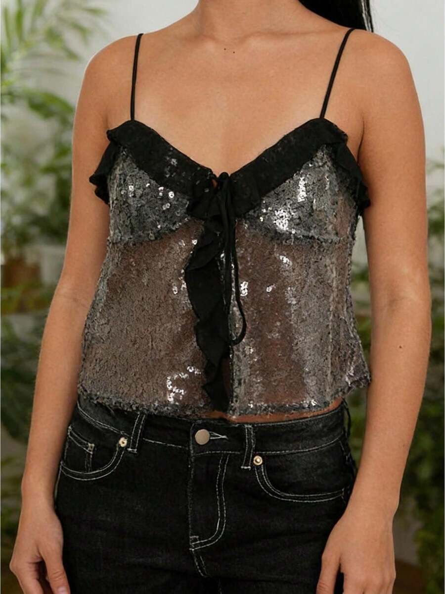 Women's Sleeveless Camisole Stylish Sequin V Neck Slim Sheer Spaghetti Strap Tank Tops - Negro - Ver 1
