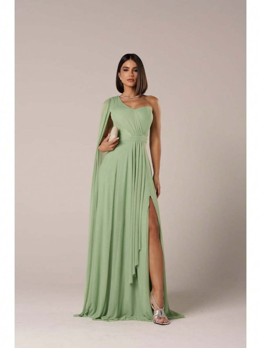 Long Wedding Dress For Bridesmaid - Flowing Style With Cape And Slit - Mint Green - View 1