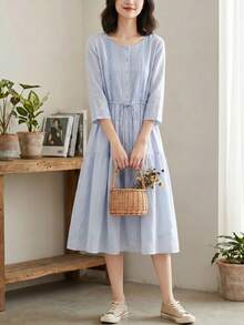 Vestido midi holgado de viscosa bordado con estilo retro, ligero y casual, adecuado para primavera/verano elegante - Celeste - Ver 3