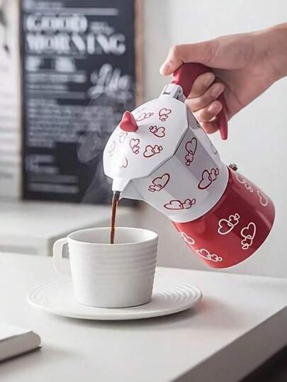 1pc Heart-Shaped Moka Pot, Aluminum Alloy Material, Red & White, Italian Style, Suitable For Brewing Rich Espresso, Great For Home Use And Valentine's Day Gift