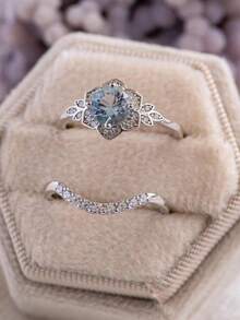 A Delicate, Elegant, Luxurious And Simple Silver Ring Set With Blue Artificial Zirconia, Suitable For Weddings, Daily Dates, Parties, Engagement Rings, And As A Valentine's Day Gift. - Silver - View 3