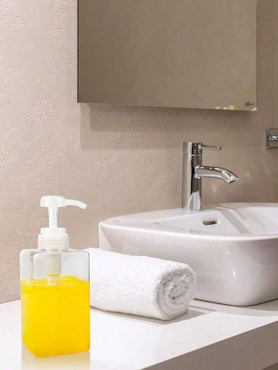 1pc Transparent Empty Pump Bottle, Plastic Refillable Square Container, Suitable For Essential Oils, Soap, Lotion, Shampoo, Conditioner, Large Manual Pump Dispenser, Suitable For Bathroom And Kitchen Sink - Clear - View 1
