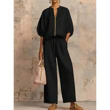 Women's Matching Lounge Set Quarter Zip Pullover Top Loose Wide Leg Pants 2 Piece Sweatsuit Casual Outfit - trắng - Xem 8