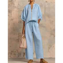 Women's Matching Lounge Set Quarter Zip Pullover Top Loose Wide Leg Pants 2 Piece Sweatsuit Casual Outfit - Xanh lam công - Xem 6