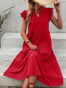 Vestido de esmoquin con cuello en pico y ribete de volantes para ropa de Año Nuevo, vestidos largos para vacaciones y atuendos de playa para mujeres - Rojo - Ver 3