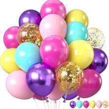 Conjunto de 55 balões rosa, roxo e azul, incluindo balões rosa-choque, amarelo, roxo e verde-água, com confete de 30 cm (12 polegadas), ideais para casamentos, chás de bebê, decoração de festas de aniversário, encontros de verão, shows, noivados e festas infantis. - View 1