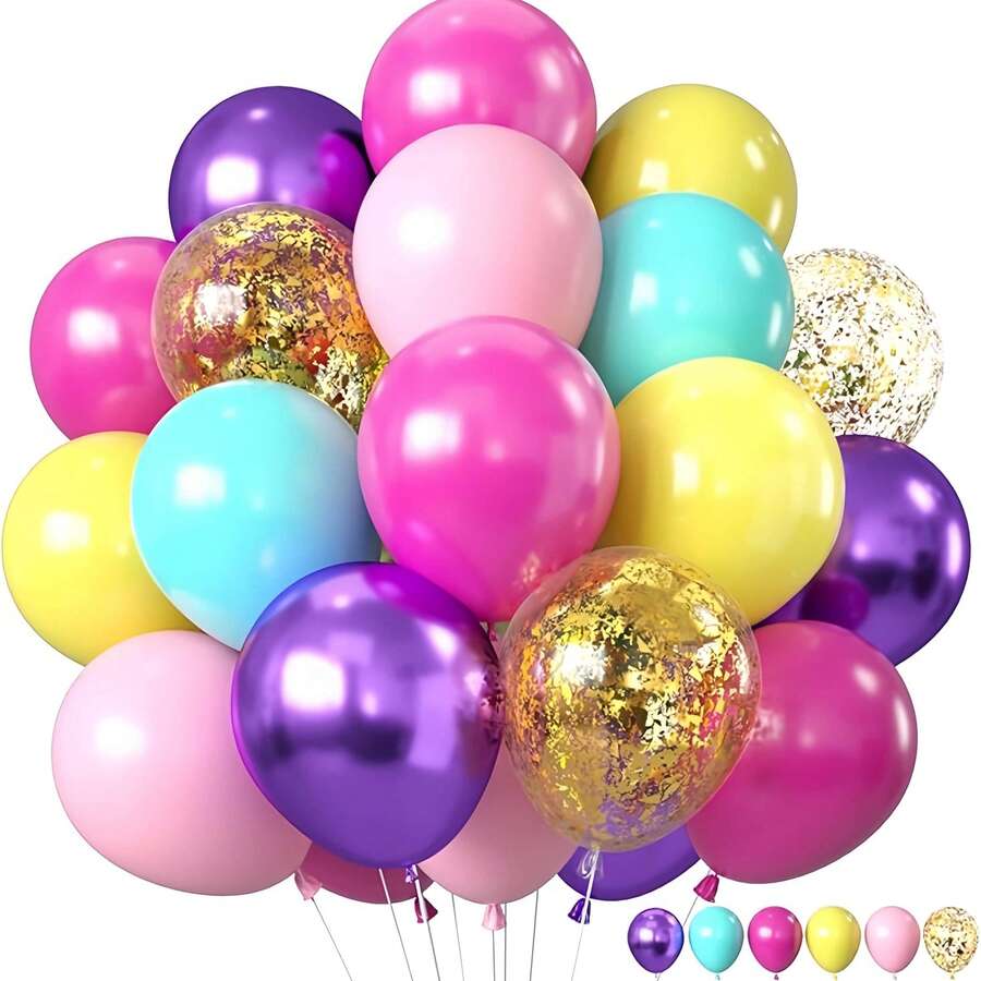 Conjunto de 55 balões rosa, roxo e azul, incluindo balões rosa-choque, amarelo, roxo e verde-água, com confete de 30 cm (12 polegadas), ideais para casamentos, chás de bebê, decoração de festas de aniversário, encontros de verão, shows, noivados e festas infantis. - View 1