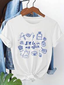 Camiseta casual de manga corta y cuello redondo para mujer con estampado de oficina para amantes de la repostería, primavera - verano, estilo diario, salida diaria, regalo de festividades - Blanco - Ver 1