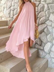Women's Sweet Romantic Minimalist Dress, Suitable For Vacation And Daily Wear, Youthful And Elegant, Perfect For Valentine's Day Date. Spaghetti Strap, Back Tie, Open Back, Zipper, Asymmetric Hem A-Line Loose Mid-Length Dress, Spring/Summer Party - Baby Pink - View 3