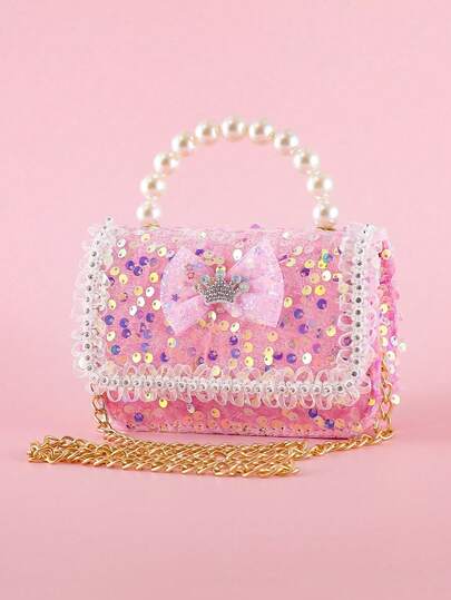 1pc Mini Handbag, Fashion Shiny Sequin, Rhinestone, Flower, Crown, Bow Decor, PU Material, Chain Shoulder Strap, Flap Closure, Beaded, Crossbody Bag, Sweet Casual Princess Tote, Suitable For Birthday Gift, Holiday, Daily Use
