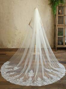 1pc 300cm Long Luxury Lace Edged Bridal Veil With Comb, Single Layer Ivory Wedding Accessory - White - View 1