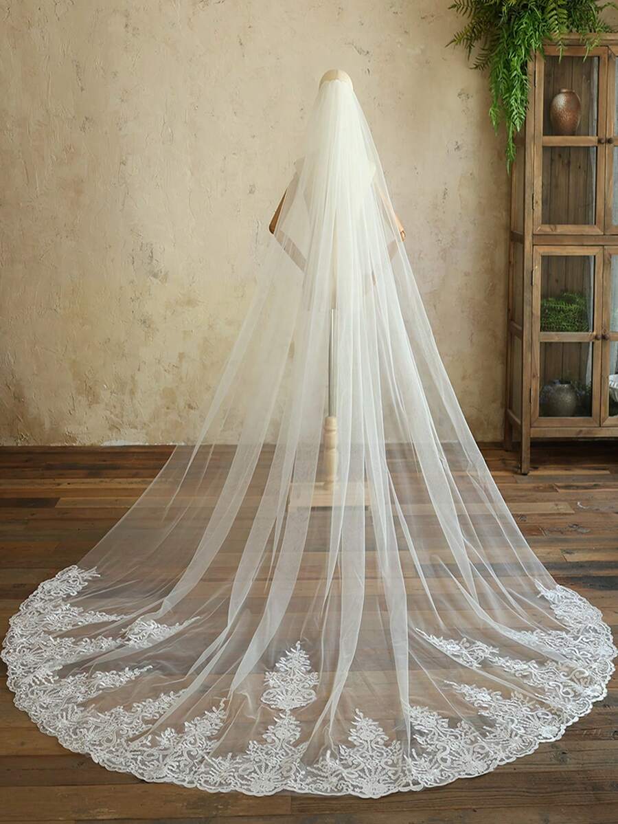 1pc 300cm Long Luxury Lace Edged Bridal Veil With Comb, Single Layer Ivory Wedding Accessory - White - View 1