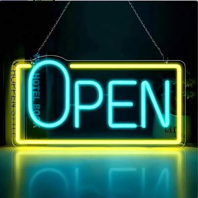 1 Dây đèn neon siêu sáng màu xanh dương và vàng chữ "OPEN", có thể điều chỉnh độ sáng, chất liệu acrylic cao cấp, dùng nguồn USB, thích hợp cho quán bar, quán cà phê, cửa hàng, nhà hàng và trang trí mặt tiền.