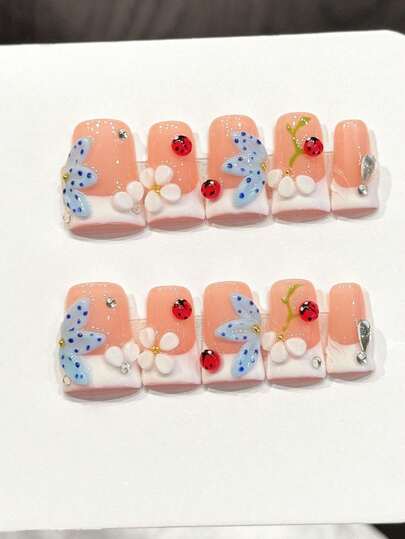 Handmade Square Shaped Press-On Nails With Y2K Baddie Style, White Nails, , White Tip, Adorned With Beautiful Flowers,Designed For Women And Girls, 10Pcs/Set With 3 Size Options, Suitable For Parties, Ceremonies, And Daily Wear. Includes Manicure Tools, Ideal Gift For Ladies And Girls. Nail Supplies Nails Handmade Press On Nails.Summer Nails.