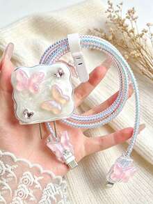 5个透明闪光TPU粉色蝴蝶充电线保护套，兼容苹果18/20W原装充电器 - 彩色 - 查看 8