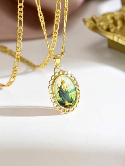 1件女士复古椭圆形耶稣像吊坠项链，配宗教信徒锁骨链，精致印花艺术首饰，适合天主教纪念日和日常佩戴