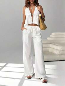 2 piezas Conjunto casual de vacaciones para mujer con top halter sin espalda y pantalones en color caqui tejido - Blanco 3 - Ver 7
