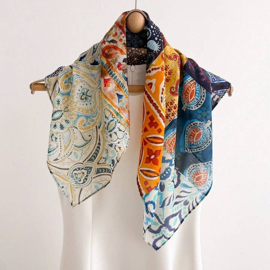 A Summer Lightweight Sunscreen Silk-Cotton Square Scarf With A Distinctive Paisley Print - 亮橘復古 - 查看 1