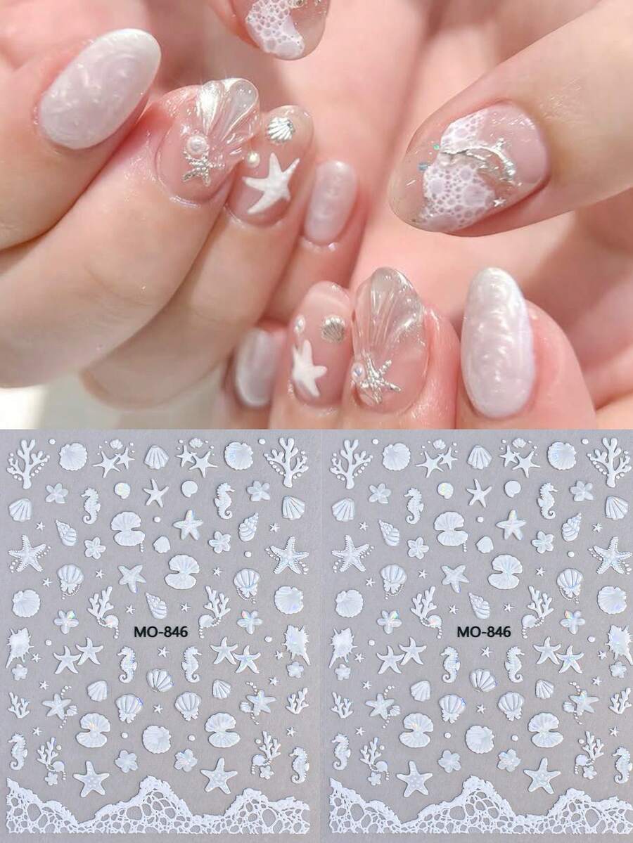 2pcs/Set Ocean Style Nail Stickers - White Laser Starfish & Shell Pattern Summer Nail Art Stickers Self-Adhesive 5D Nail Design Shiny Decorations - White - View 1