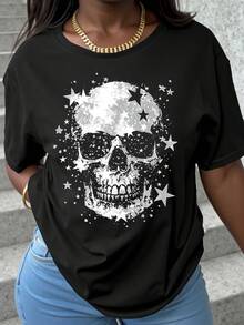 Women's Casual Short-Sleeved Round Neck T-Shirt For Spring And Summer, Comfortable And Loose With Printed Design.-X - Black - View 5