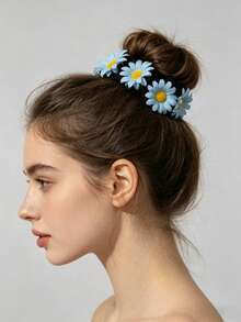 1 unidade de elástico de cabelo realista em tecido com estampa de margarida, ideal para mulheres, perfeito para férias na praia, pode ser usado para penteados ou como acessório de pulso (variação de cor é normal). Elástico para cabelo, prendedor de rabo de cavalo, presilha para cabelo, ideal para viagens e aniversários. - Azul - Ver 3