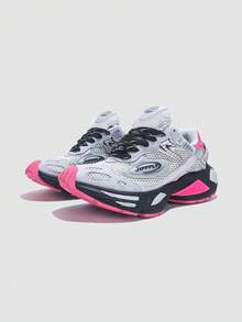 Jifffly 1 pereche de pantofi sport groși pentru bărbați, antiderapanți, rezistenți, cu logo oval pe lateral, culoare contrastantă negru, alb-neon roz, piele de vacă și material textil, pantofi casual de exterior, de talie medie, absorbanți de șocuri - Trandafir gri - Vizualizare 10