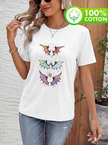 Áo thun nữ cổ tròn tay ngắn bằng chất liệu cotton nguyên chất, kiểu dáng thoải mái, dễ mặc. Họa tiết bướm in trên áo, thích hợp cho đi làm, đi học và những buổi đi chơi thường ngày vào mùa xuân, hè và thu. Màu trắng. - trắng - Xem 3
