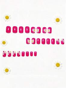 24pcs Purple-Red Square Nail Stickers, Delicate Yellow Daisy Nail Decals, Minimalist Style, Removable & Reusable, Convenient For Daily, Party, Travel - Red Violet - View 5