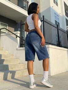 Women's Denim Knee-Length Shorts With Distressed Detail & Whiskering Retro Elegant Design Casual Versatile Outing Shorts - Rửa tối - Xem 2