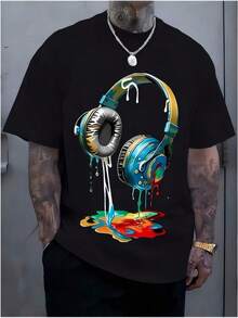 1 Men's Black T-Shirt With Colorful Headphone Print, Round Neck, Casual Cotton T-Shirt, Medium Elasticity Knit Fabric, Regular Fit For Young Men, Perfect For Spring/Summer/Autumn. - 黑色 - 查看 5